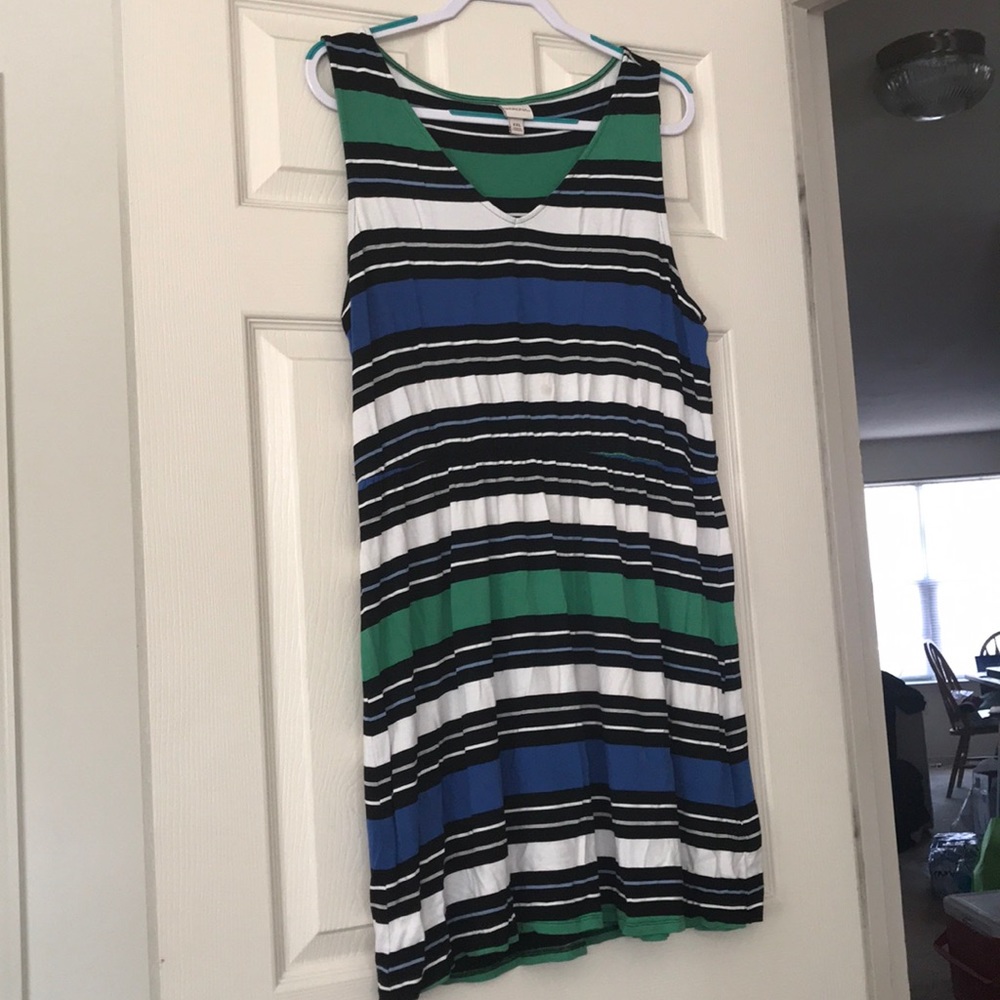 Green, black and white striped dress